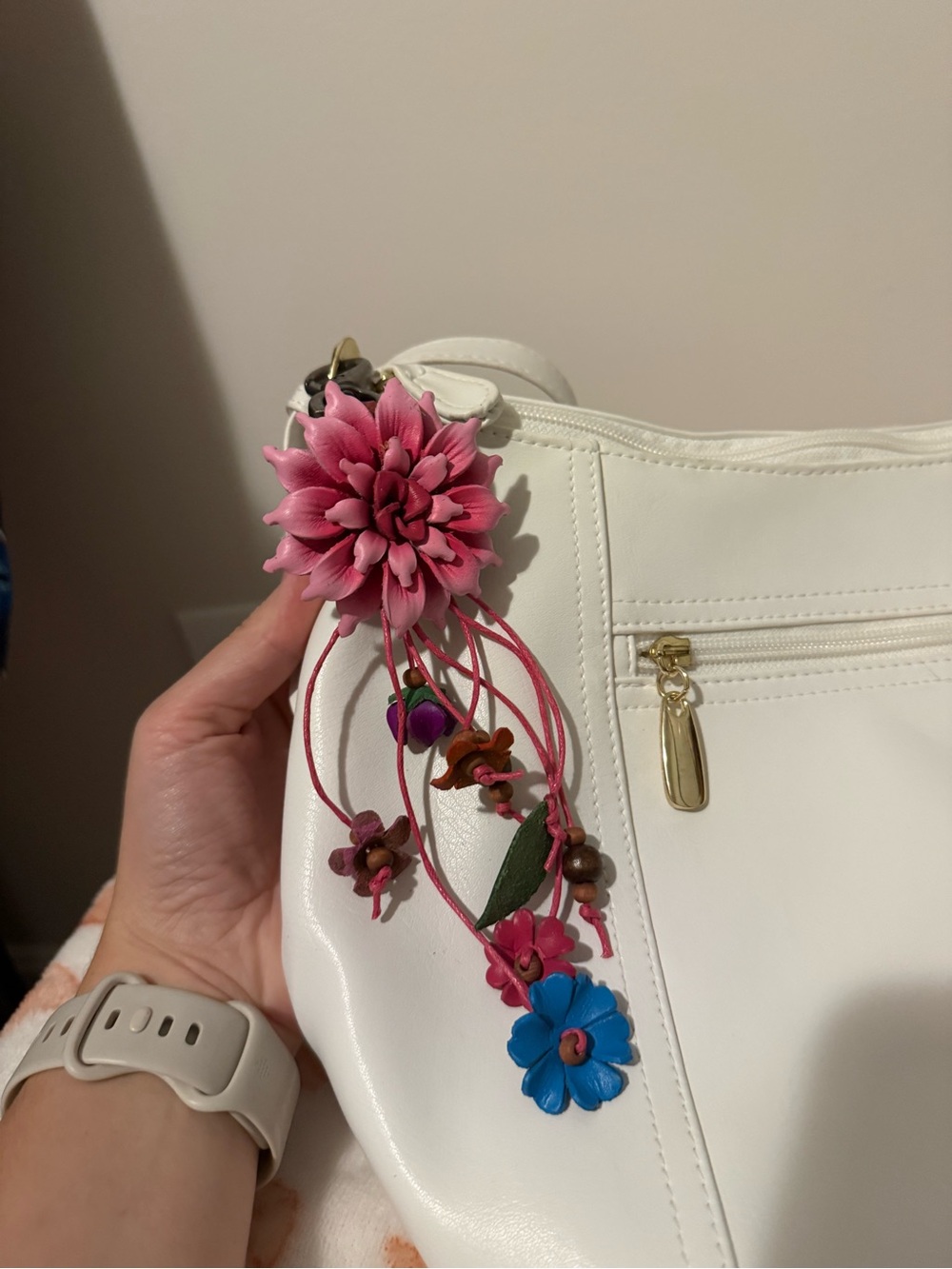 Genuine Leather Pink Floral Bag Charm